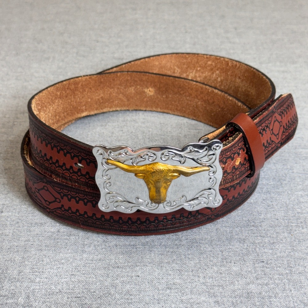 Mens Tooled Brown Leather Western Belt Gold Longhorn Bull Trophy Buckle Size 42